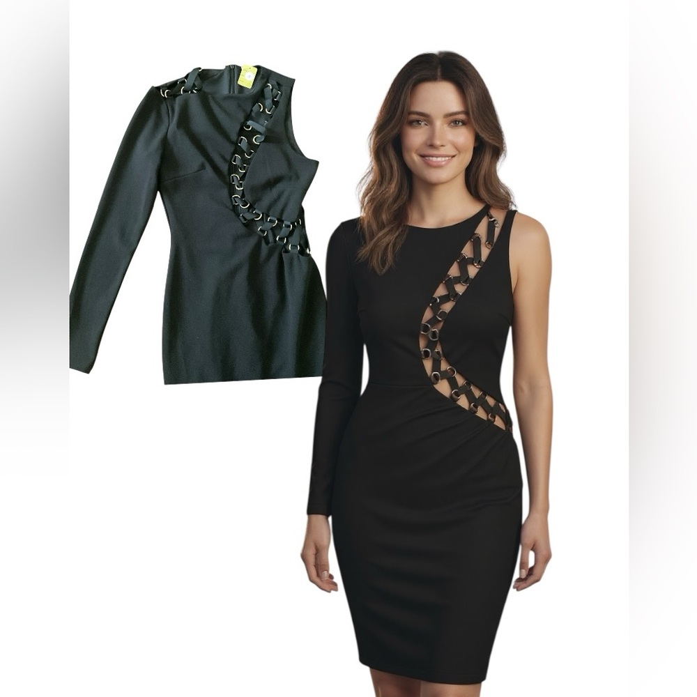 Black Bodycon Midi Black Dress S Women One Shoulder Peep Hole Cocktail Sexy NEW